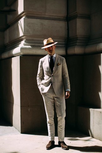 Beige Straw Hat Outfits For Men: For an outfit that offers practicality and dapperness, rock a grey wool blazer with a beige straw hat. Want to go all out in the footwear department? Round off with a pair of dark brown suede loafers.