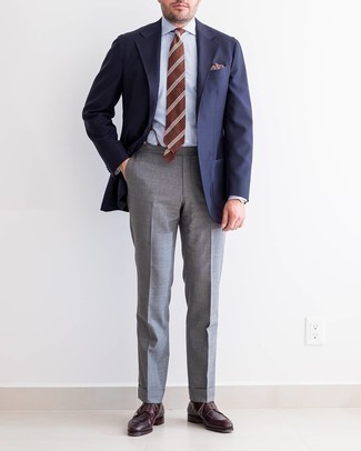 Tobacco Tie Outfits For Men: This elegant combination of a navy blazer and a tobacco tie is a frequent choice among the fashion-savvy chaps. Serve a little mix-and-match magic with a pair of burgundy leather derby shoes.