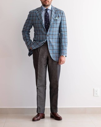 Dark Brown Leather Loafers Outfits For Men: When it comes to timeless polish, this pairing of a light blue plaid blazer and charcoal dress pants doesn't disappoint. Our favorite of a great number of ways to round off this getup is with a pair of dark brown leather loafers.