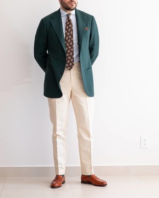 Tobacco Tie Outfits For Men: Make a dark green blazer and a tobacco tie your outfit choice if you're aiming for a neat, sharp outfit. Dress down your look by slipping into a pair of tobacco leather loafers.