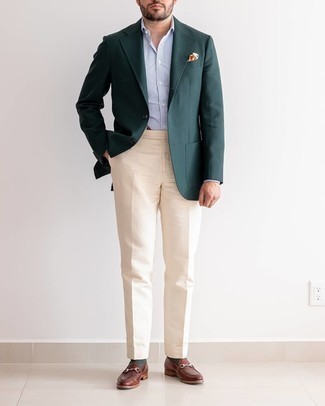 Brown Leather Loafers Outfits For Men: Opt for a dark green wool blazer and beige dress pants for a proper classy getup. If not sure about the footwear, add brown leather loafers to the equation.