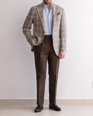 Brown Plaid Blazer Outfits For Men: Loving the way this combination of a brown plaid blazer and dark brown dress pants immediately makes you look elegant and stylish. Dark brown leather tassel loafers round off this look very well.