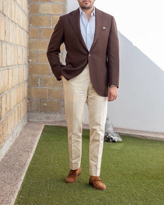 Brown Wool Blazer Outfits For Men: Opt for a brown wool blazer and beige dress pants for a proper elegant menswear style. A pair of brown suede loafers can integrate smoothly within plenty of getups.