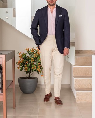 Pink Dress Shirt Outfits For Men: One of the classiest ways to style such an essential piece as a pink dress shirt is to team it with beige dress pants. You could perhaps get a bit experimental with footwear and complete your outfit with brown leather loafers.