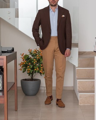 Dark Brown Blazer Outfits For Men: This pairing of a dark brown blazer and khaki dress pants couldn't possibly come across as anything other than devastatingly dapper and polished. The whole ensemble comes together if you add a pair of brown suede loafers to your getup.