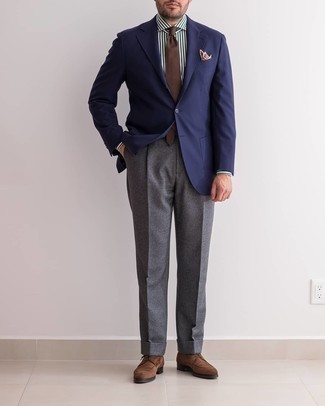 Men's Navy Blazer, White and Navy Vertical Striped Dress Shirt, Charcoal Wool Dress Pants, Brown Suede Derby Shoes
