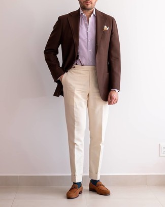 Men's Brown Wool Blazer, White and Purple Vertical Striped Dress Shirt, Beige Dress Pants, Brown Suede Loafers