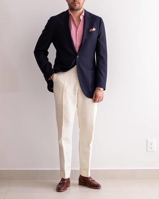 White Linen Dress Pants Outfits For Men: A navy blazer and white linen dress pants are robust players in any guy's closet. A pair of dark brown leather loafers is a smart pick to round off your ensemble.