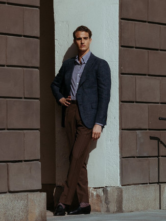 Dark Brown Vertical Striped Dress Pants Outfits For Men: A navy blazer looks especially polished when combined with dark brown vertical striped dress pants in a modern man's combo. We're loving how a pair of black leather loafers makes this outfit whole.