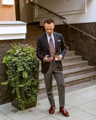 Dark Brown Polka Dot Tie Dressy Outfits For Men: Putting together a black blazer with a dark brown polka dot tie is a good idea for a classic and polished look. The whole look comes together really well if you introduce red leather loafers to the mix.