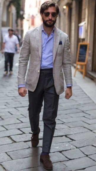 Grey Check Blazer Outfits For Men: This outfit proves it pays to invest in such smart menswear items as a grey check blazer and charcoal dress pants. Dark brown suede double monks are the perfect accompaniment for this look.