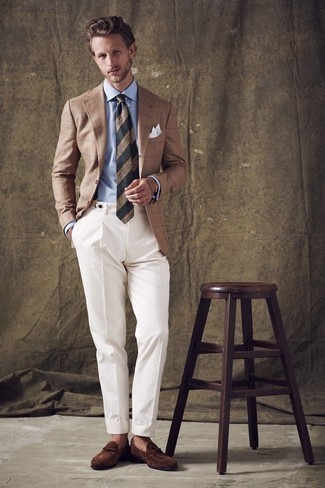 Tan Blazer Outfits For Men: Turn every head in the room by opting for a tan blazer and white dress pants. Dark brown suede loafers will pull the whole thing together.
