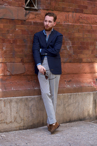Grey Vertical Striped Dress Pants Outfits For Men: A navy blazer looks especially sophisticated when combined with grey vertical striped dress pants. Complete this getup with a pair of brown suede loafers and you're all set looking smashing.