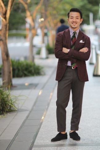 Monks Outfits: A dark brown check wool blazer and dark brown dress pants are absolute essentials if you're picking out an elegant closet that matches up to the highest sartorial standards. If not sure about the footwear, add a pair of monks to the mix.