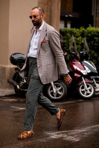 Dark Green Dress Pants Outfits For Men: We love the way this pairing of a multi colored gingham blazer and dark green dress pants immediately makes men look sophisticated and dapper. Introduce a pair of brown print canvas loafers to the mix and off you go looking boss.