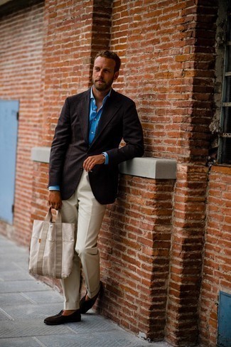 Light Blue Dress Shirt Outfits For Men: Opt for a light blue dress shirt and beige dress pants and you're guaranteed to turn every head in the proximity. To give your overall ensemble a more laid-back aesthetic, why not add dark brown suede loafers to the equation?
