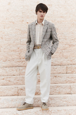 Beige Plaid Dress Shirt Outfits For Men: To look smooth and stylish, dress in a beige plaid dress shirt and white dress pants. And if you wish to immediately play down your look with a pair of shoes, why not opt for a pair of tan suede desert boots?