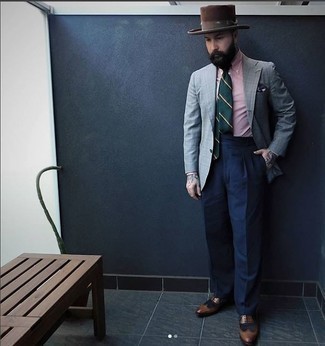 Dark Brown Hat Outfits For Men: If you put function above all else, consider wearing a grey plaid blazer and a dark brown hat. For an on-trend hi-low mix, introduce brown leather brogues to the mix.