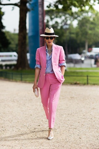 Women's Pink Blazer, White and Blue Vertical Striped Dress Shirt, Pink Dress Pants, Silver Leather Pumps