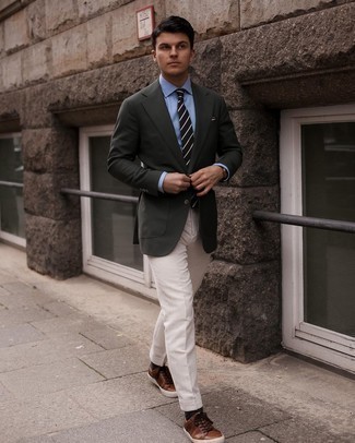 Olive Blazer Outfits For Men: Make an olive blazer and beige dress pants your outfit choice - this look is guaranteed to turn every head in the room. If you need to immediately dial down this outfit with one single piece, introduce a pair of brown leather low top sneakers to this getup.