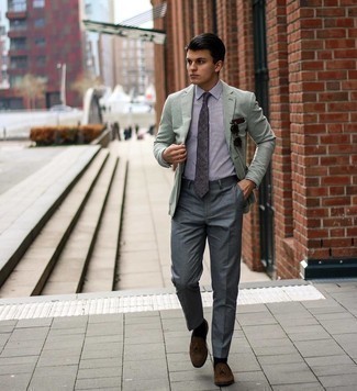 Charcoal Polka Dot Tie Outfits For Men: This pairing of a mint blazer and a charcoal polka dot tie oozes timeless elegance. If in doubt about what to wear on the shoe front, stick to a pair of dark brown suede tassel loafers.
