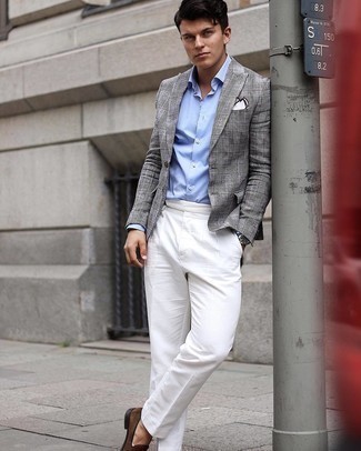 Grey Plaid Blazer Outfits For Men: Marrying a grey plaid blazer and white dress pants is a fail-safe way to infuse manly refinement into your styling lineup. A pair of dark brown suede loafers will be a welcome complement to your ensemble.