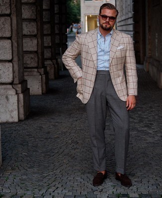 Men's Beige Check Blazer, White and Blue Vertical Striped Dress Shirt, Charcoal Dress Pants, Dark Brown Suede Loafers