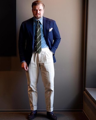 Olive Horizontal Striped Tie Outfits For Men: This polished pairing of a navy blazer and an olive horizontal striped tie is a must-try look for any modern man. Introduce dark brown suede loafers to the mix and you're all set looking smashing.