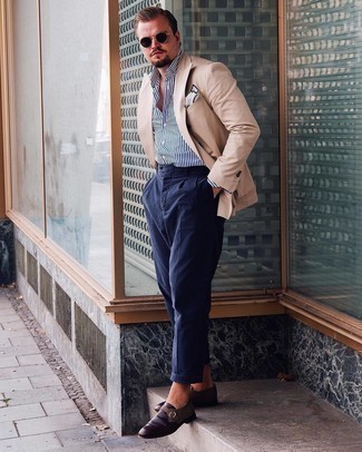 Tan Blazer with Blue Dress Pants Outfits For Men: Pairing a tan blazer with blue dress pants is a smart idea for a dapper and classy outfit. For maximum effect, throw a pair of dark brown leather monks in the mix.