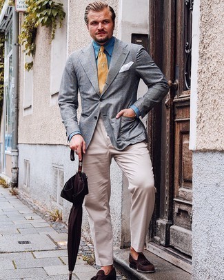 Yellow Tie Outfits For Men: Putting together a grey plaid blazer and a yellow tie is a guaranteed way to breathe polish into your styling repertoire. A pair of dark brown suede loafers looks perfectly at home with this ensemble.