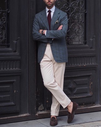 Burgundy Knit Tie Outfits For Men: A charcoal plaid blazer and a burgundy knit tie are an incredibly smart combination for you to try. Now all you need is a pair of dark brown suede tassel loafers to complement your getup.