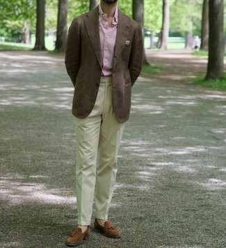 Men's Brown Blazer, White and Red Vertical Striped Dress Shirt, Beige Dress Pants, Brown Suede Tassel Loafers