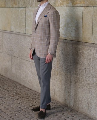 Tan Gingham Blazer Outfits For Men: This polished pairing of a tan gingham blazer and charcoal dress pants will be a true exhibition of your expert styling. A pair of dark brown suede loafers will pull the whole thing together.