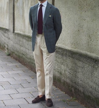 Burgundy Knit Tie Outfits For Men: This elegant combination of a dark green plaid blazer and a burgundy knit tie is a must-try outfit for today's man. Complement your outfit with a pair of dark brown suede tassel loafers and the whole ensemble will come together perfectly.
