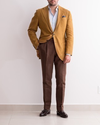 Multi colored Print Pocket Square Outfits: Team a tobacco blazer with a multi colored print pocket square for a casual ensemble with an urban spin. Finishing with dark brown leather tassel loafers is a simple way to bring a dose of refinement to your look.