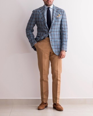 Tobacco Suede Loafers Outfits For Men: This polished pairing of a light blue plaid blazer and khaki dress pants is truly a statement-maker. Tobacco suede loafers make your outfit whole.