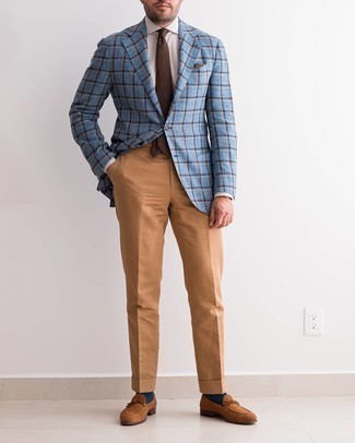 Brown Pocket Square Outfits: For a casual getup, team a light blue plaid blazer with a brown pocket square — these two pieces work nicely together. Brown suede loafers are an effective way to power up your look.