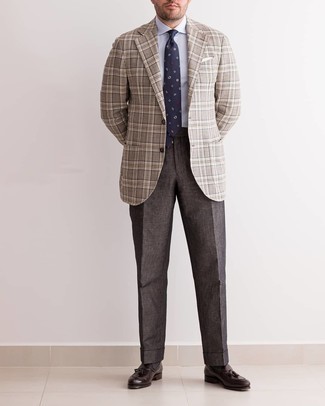 Beige Plaid Blazer Outfits For Men: You'll be surprised at how extremely easy it is to get dressed like this. Just a beige plaid blazer and dark brown dress pants. This look is completed nicely with a pair of dark brown leather tassel loafers.