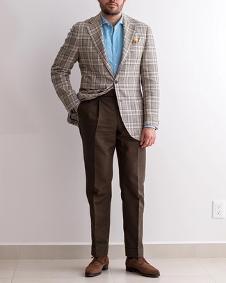 Grey Plaid Blazer Outfits For Men: A grey plaid blazer and dark brown dress pants are essential in any gent's closet. Complement your look with dark brown suede derby shoes and you're all done and looking boss.