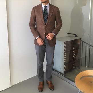 Tobacco Blazer Outfits For Men: Consider teaming a tobacco blazer with charcoal dress pants for a proper elegant ensemble. As for shoes, introduce a pair of brown leather double monks to the mix.