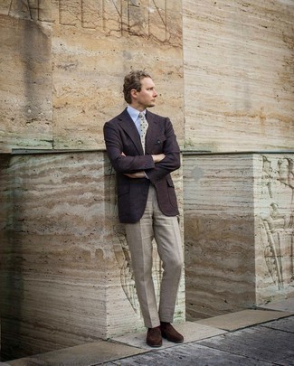 Tobacco Blazer Outfits For Men: Choose a tobacco blazer and grey linen dress pants to look like a refined gent. Dark brown suede loafers are a welcome addition to this ensemble.