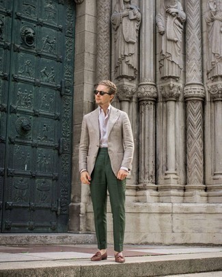 Beige Linen Blazer Outfits For Men: Rock a beige linen blazer with dark green dress pants if you're going for a proper, smart look. Brown woven leather tassel loafers are a savvy idea to complement this look.
