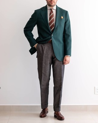 Tobacco Socks Outfits For Men: Wear a teal blazer with tobacco socks for a stylish and easy-going look. Up the formality of your outfit a bit by slipping into a pair of dark brown leather loafers.