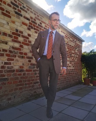 Dark Brown Dress Pants Outfits For Men: We love how this combo of a brown gingham blazer and dark brown dress pants instantly makes any man look stylish and elegant. Dark brown leather derby shoes integrate brilliantly within a great deal of looks.