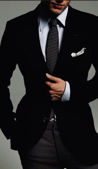 Men's Black Blazer, Grey Chambray Dress Shirt, Charcoal Wool Dress Pants, Black and White Polka Dot Tie