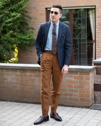 Brown Dress Pants Outfits For Men: This classy pairing of a navy blazer and brown dress pants is a common choice among the fashion-savvy chaps. A pair of burgundy leather monks will be a welcome accompaniment for this outfit.