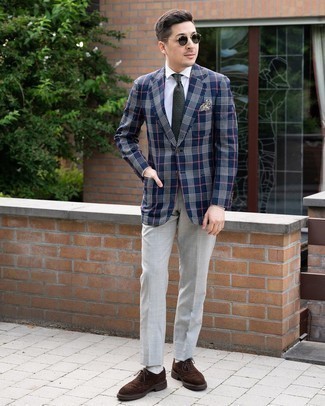 Blazer Outfits For Men: For a look that's refined and truly envy-worthy, try teaming a blazer with grey dress pants. And if you need to instantly dial down this getup with a pair of shoes, introduce dark brown suede brogues to the mix.