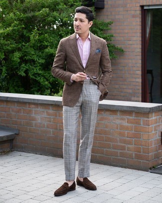 Blazer Outfits For Men: Pair a blazer with grey plaid dress pants for masculine elegance with a modern take. All you need is a pair of dark brown suede loafers.