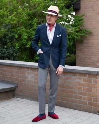 Beige Straw Hat Outfits For Men: This stylish look is super simple: a navy blazer and a beige straw hat. Burgundy velvet loafers are an effective way to punch up your look.
