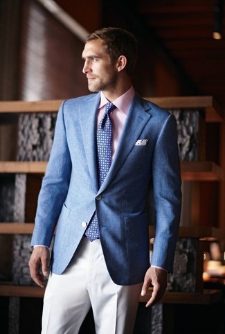 Men's Blue Blazer, Pink Dress Shirt, White Dress Pants, Blue Geometric Tie
